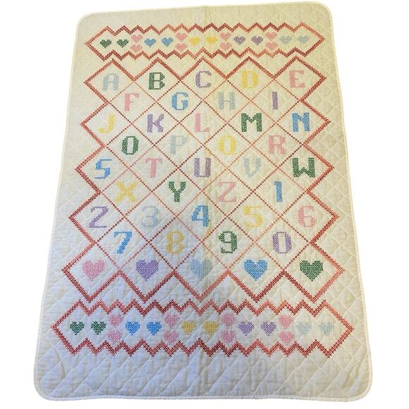 VTG 70s Cross-Stick Baby Quilt Toddler Crib Educational Nursery Blanket 29x40” - Picture 1 of 6